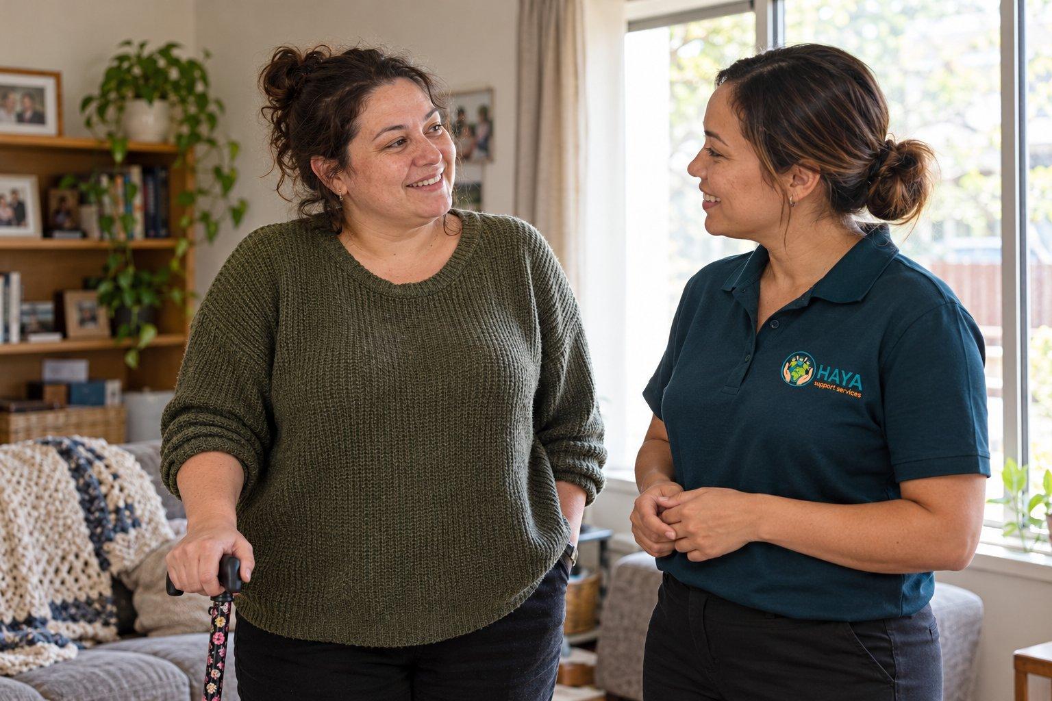 A support worker and a smiling woman sharing a warm conversation at home