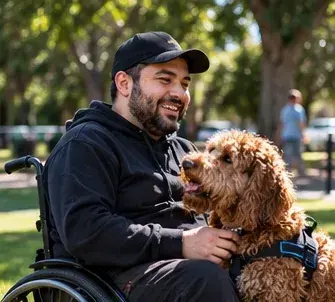 A man in a wheelchair grinning at his dog during an afternoon in the park